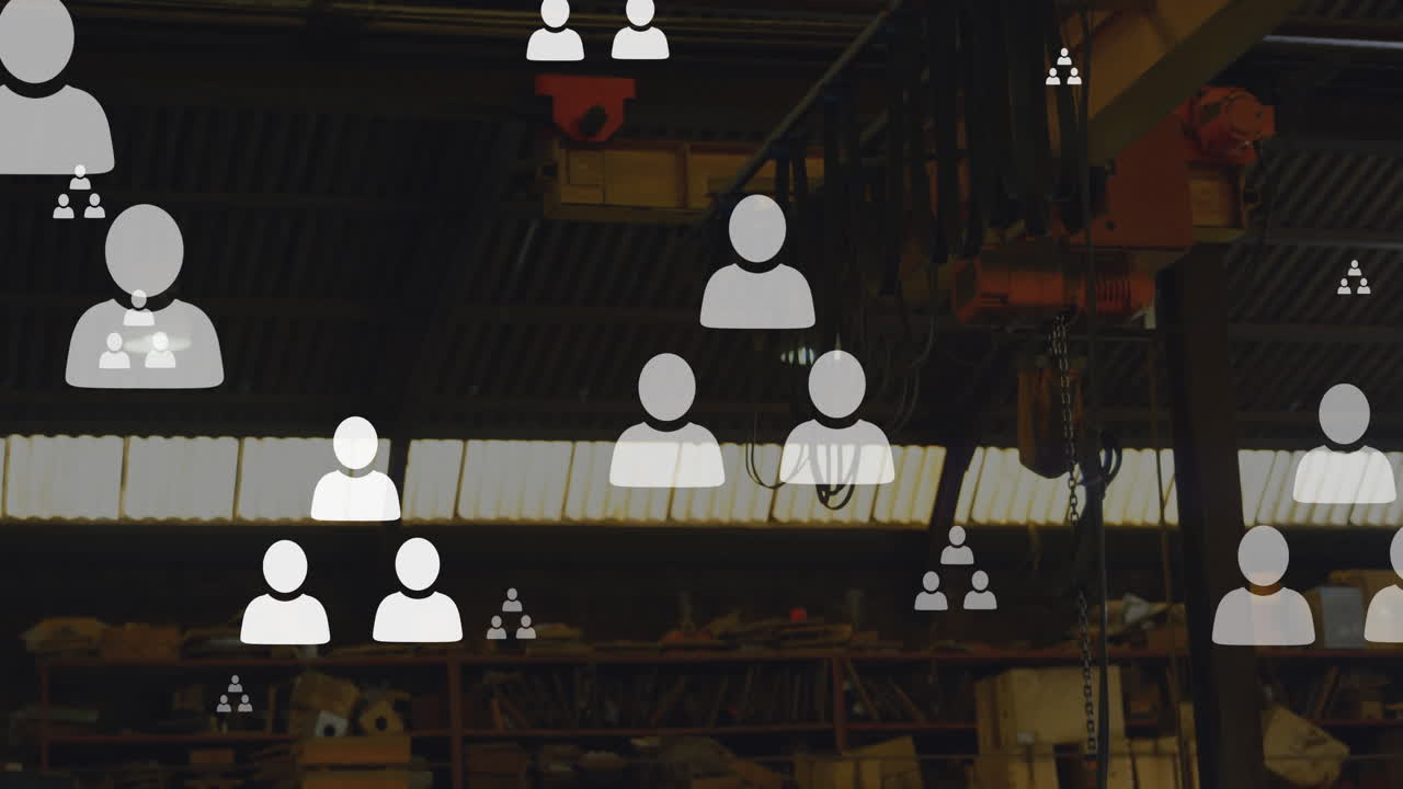Animation of people icons data processing over warehouse