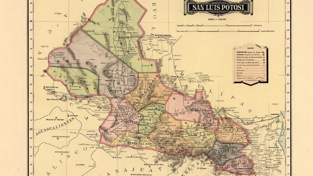 antiguo mapa del siglo xix del estado de san luis potosí en méxico
