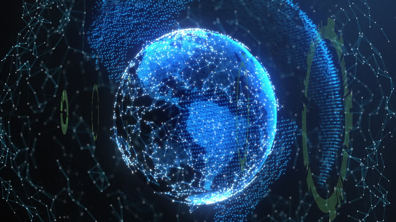 Animation of loading circles over connected dots around globes against abstract background