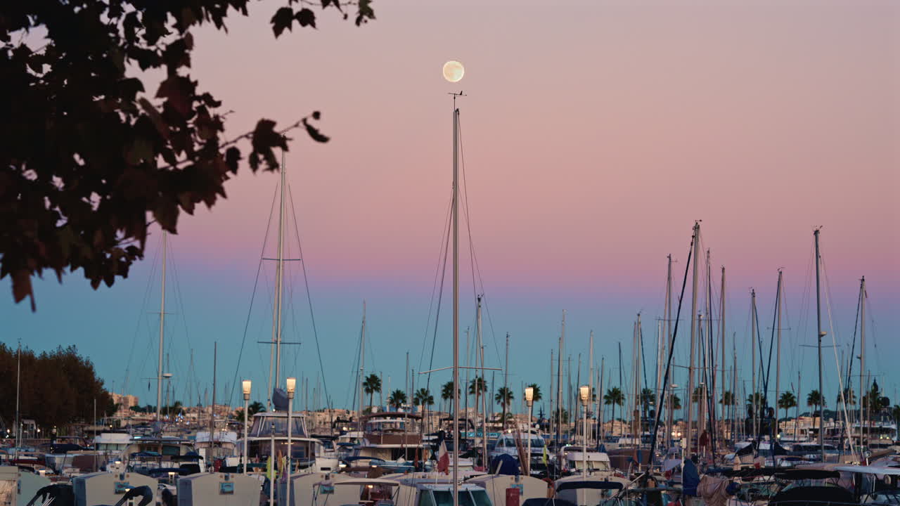 Softly blurred view of a marina at blue hour, with bokeh lights and boat masts under a gradient sky, framed by autumn leaves and a bright full moon