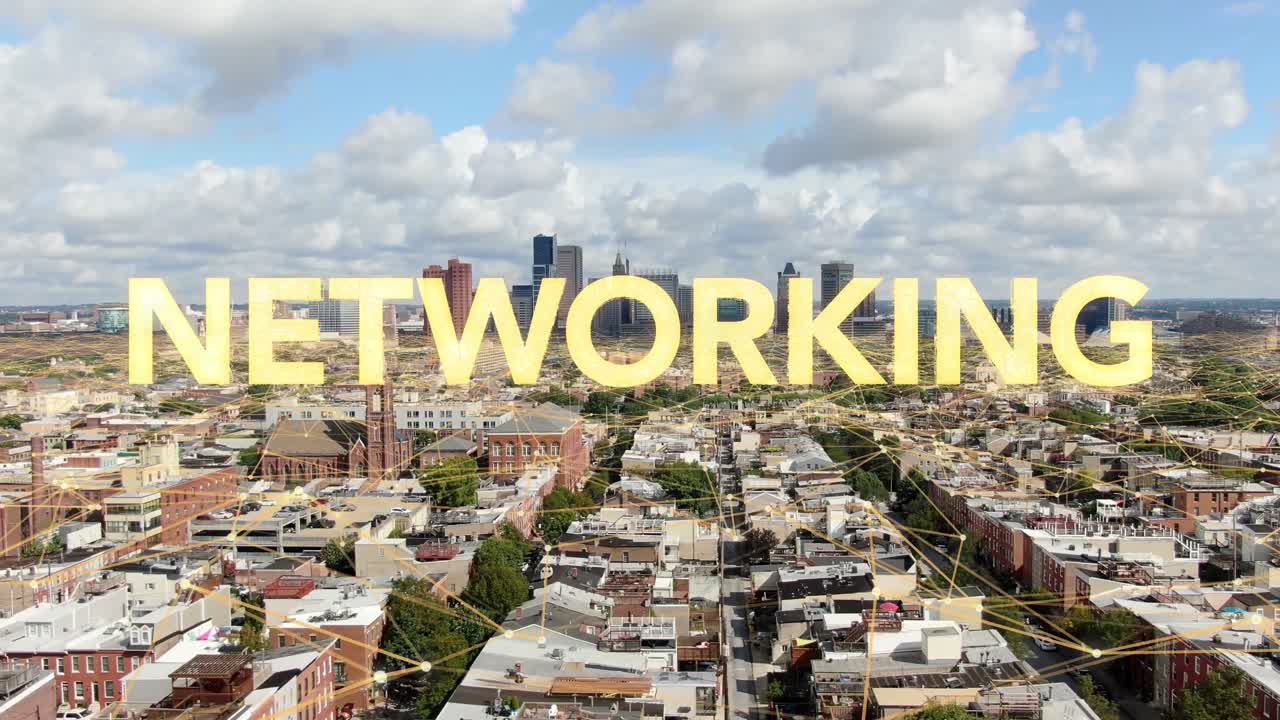 el texto de redes aparece como una superposición en la ciudad urbana de ee. uu. con una web mundial conectada con nodos y radios, modelo central