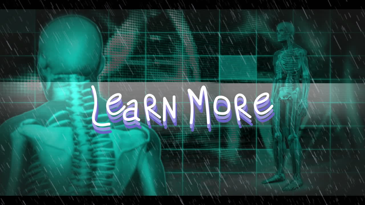 Animation of rain falling over learn more text and digital human