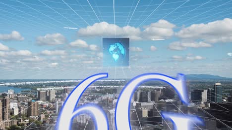 animation of 6g text, data processing and cityscape