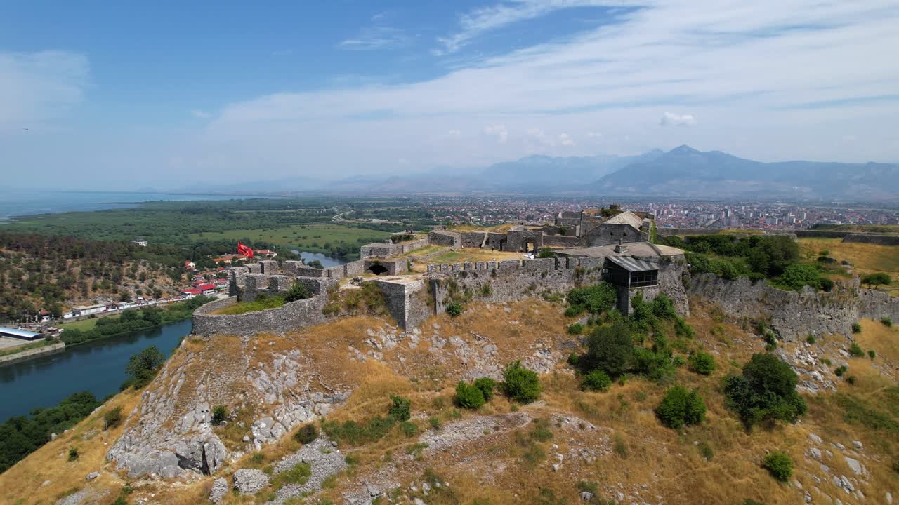 Drone circles around Rozafa Castle near Skodra in Albania