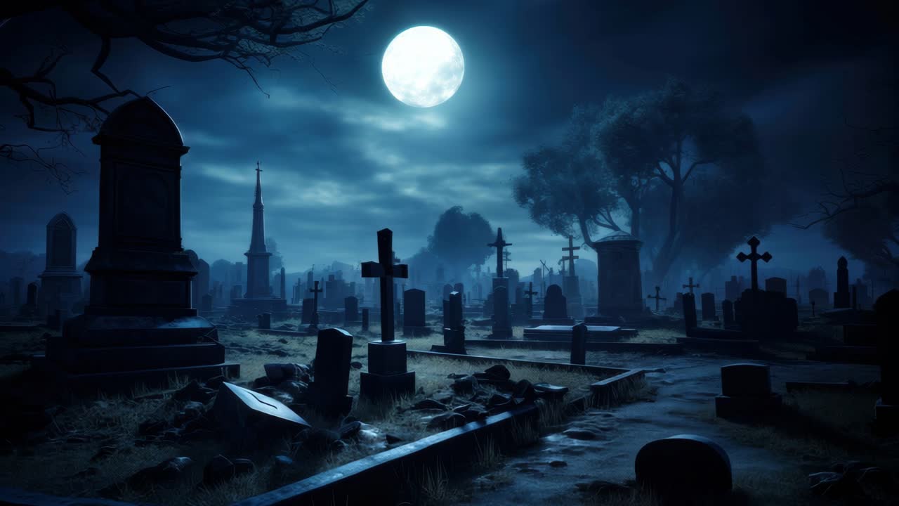 Spettrale cimitero sotto la luna piena, ripreso da una angolazione bassa