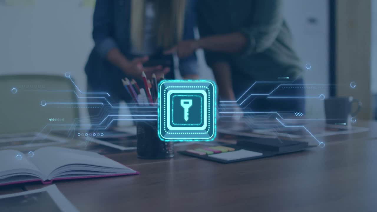 Animation of data processing with keychain icon over diverse business people in office