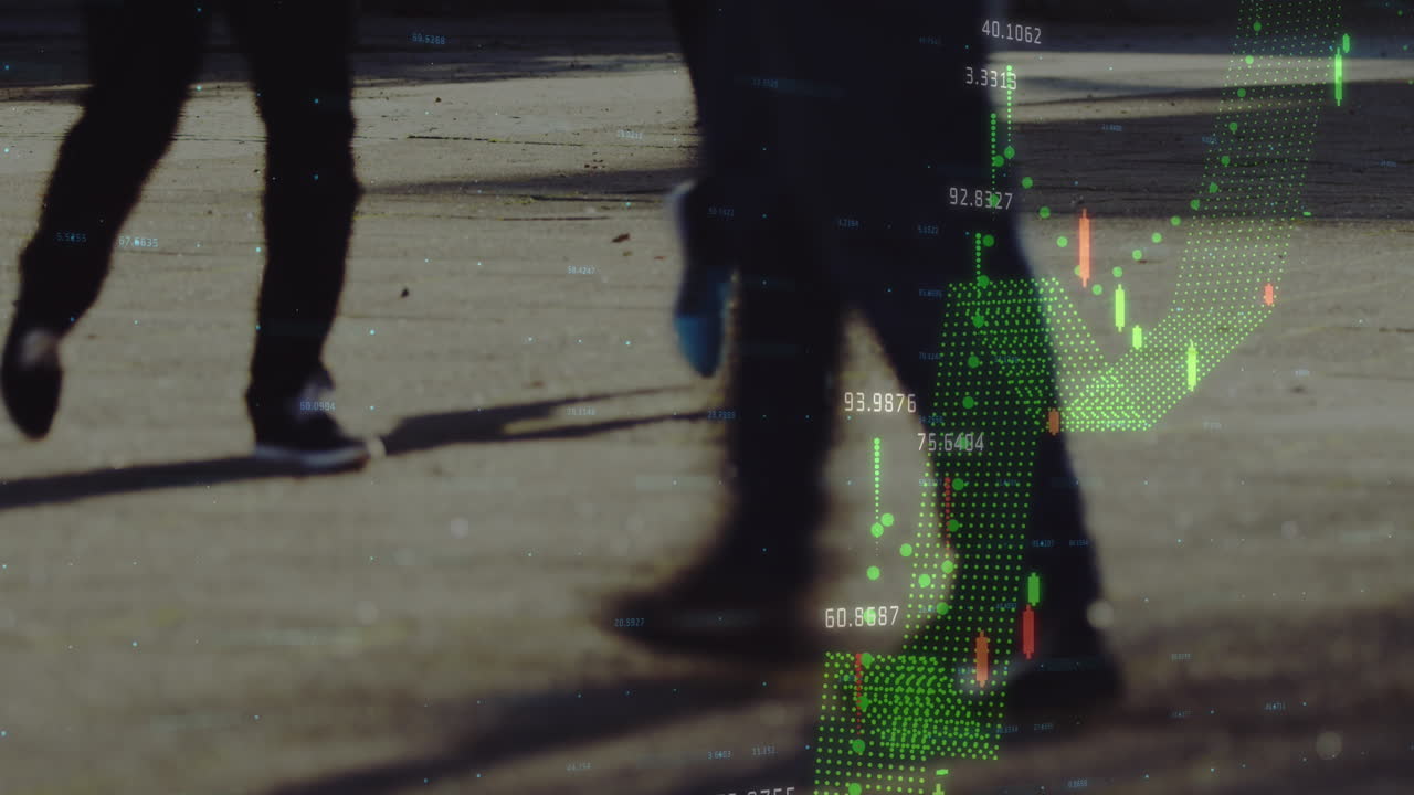 Animation of financial data processing over people walking on street