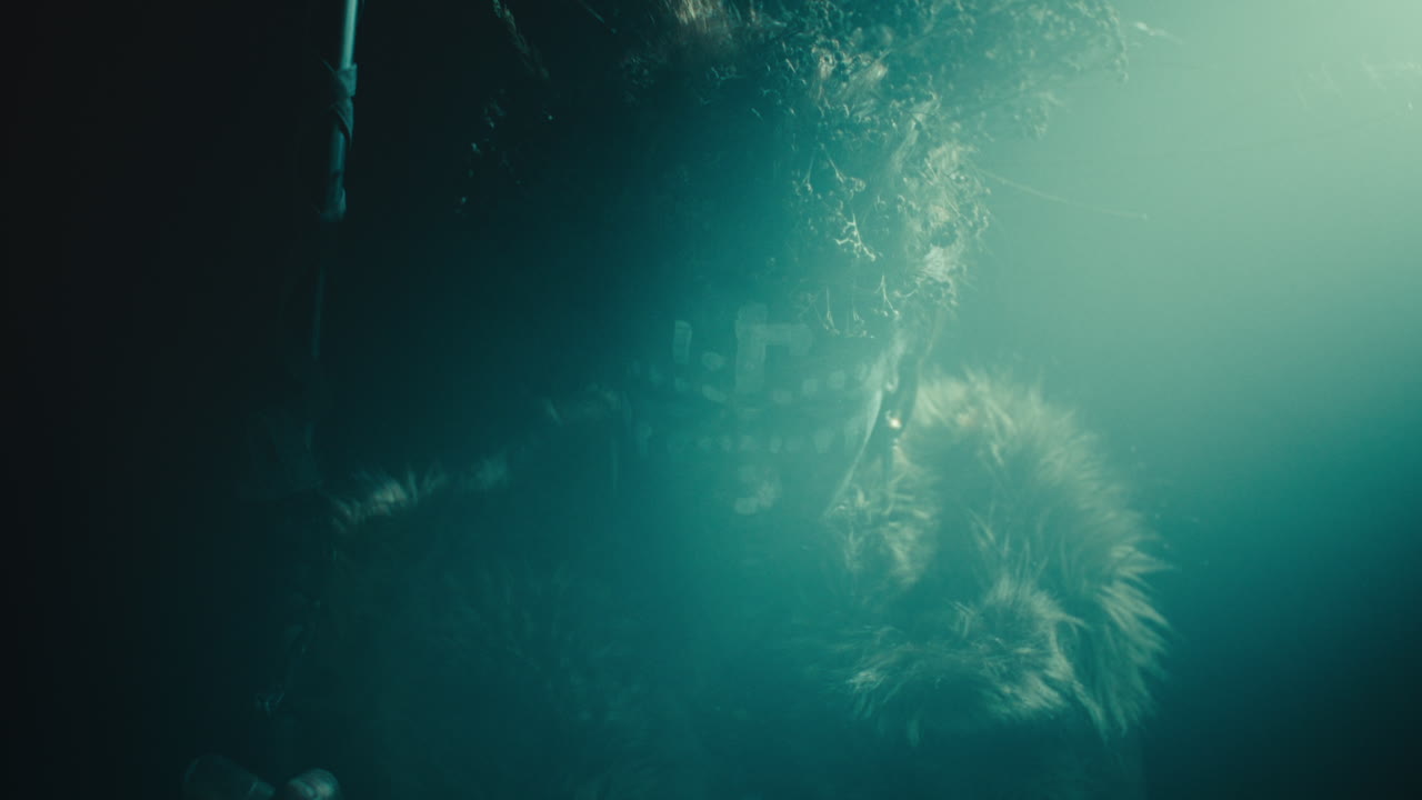 A creepy witch stands in the moody pose during the night storm