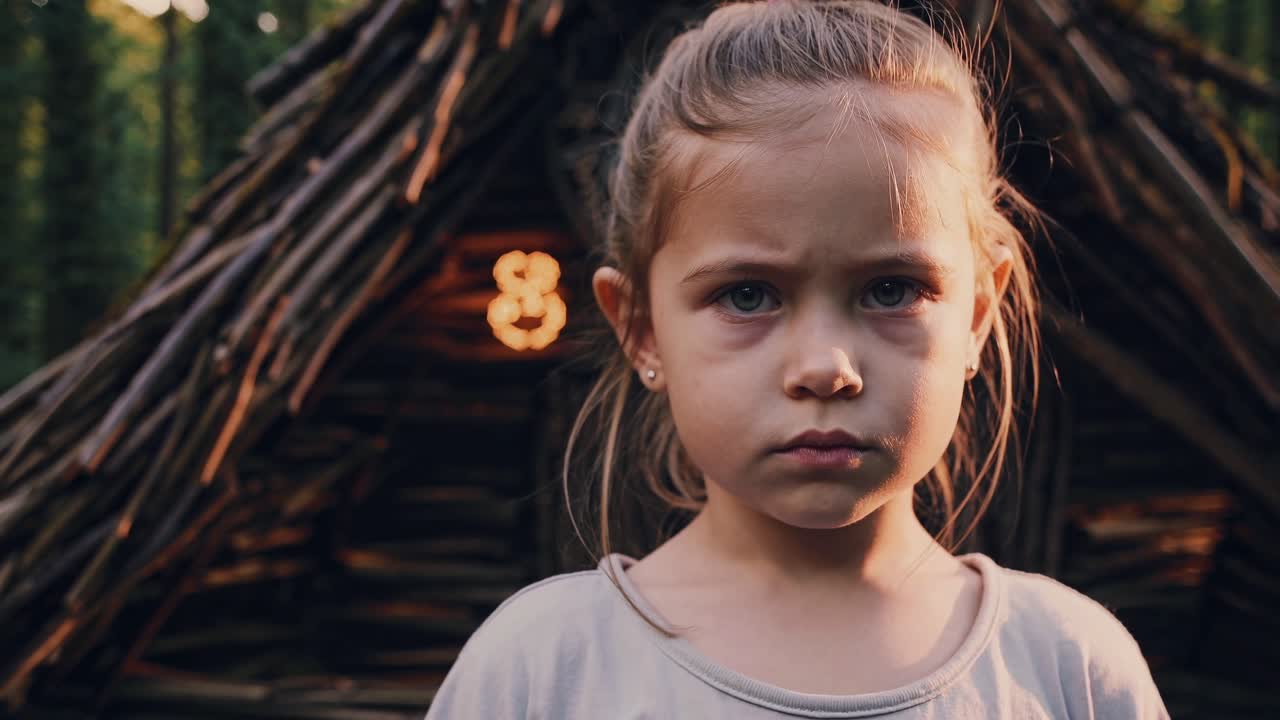 Serious young girl with blond hair tied up is standing in front of a small wooden hut made of branches in a forest, a warm light illuminating the entrance as the sun sets