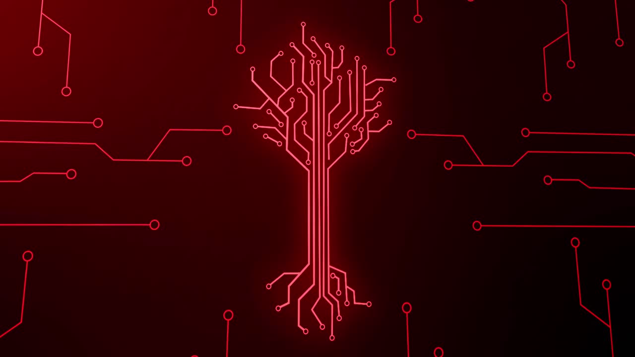 animación de circuito integrado y árbol digital sobre fondo rojo