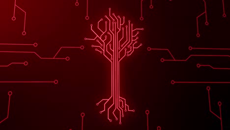 Animation of integrated circuit and digital tree on red background