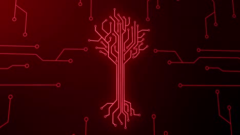 animation of integrated circuit and digital tree on red background