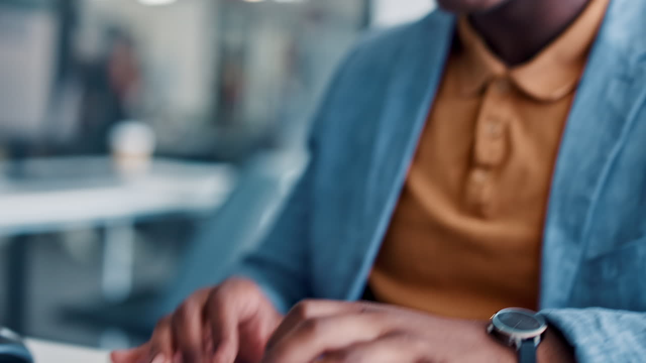 Research, typing or zoom of hands with computer
