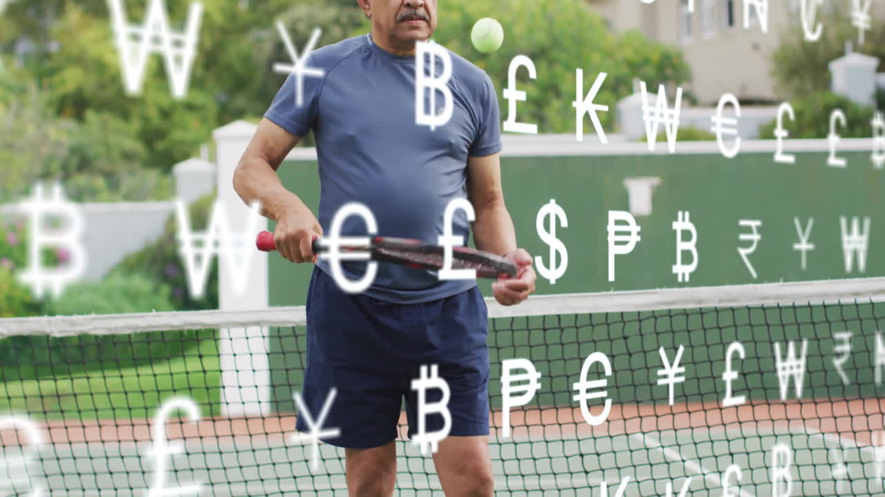 Senior man holding racket at tennis net showing floating currency symbols for finance