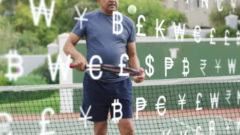 senior man holding racket at tennis net showing floating currency symbols for finance