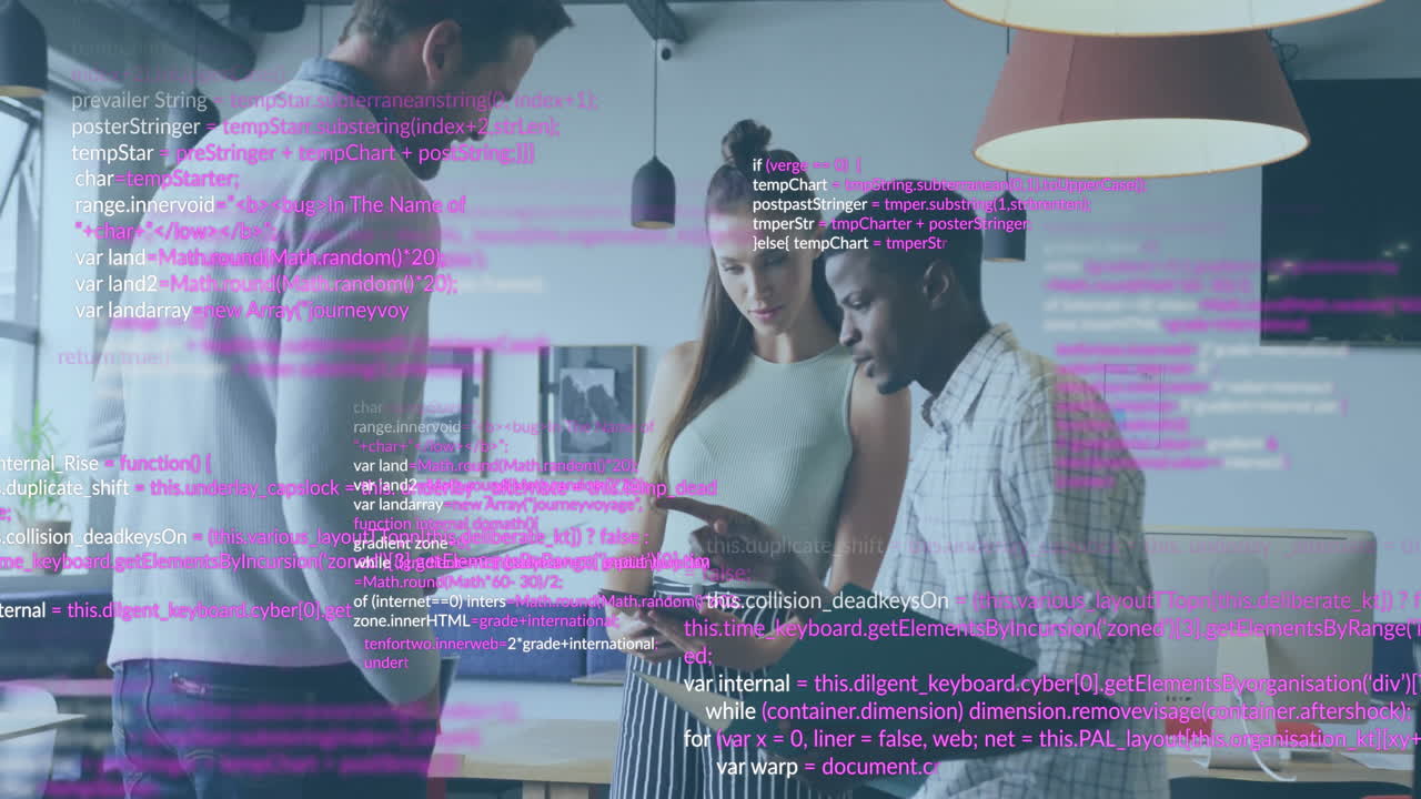 animación del procesamiento de datos sobre diversos colegas que discuten el trabajo en la oficina