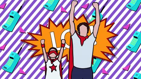 Animation-Der-Illustration-Lol-Text-Und-Vater-Und-Sohn-In-Superheldenkostümen-über-Retro-Telefonen