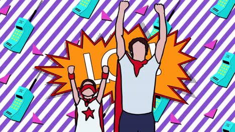 animación de la ilustración lol texto y padre e hijo en trajes de superhéroe sobre teléfonos retro