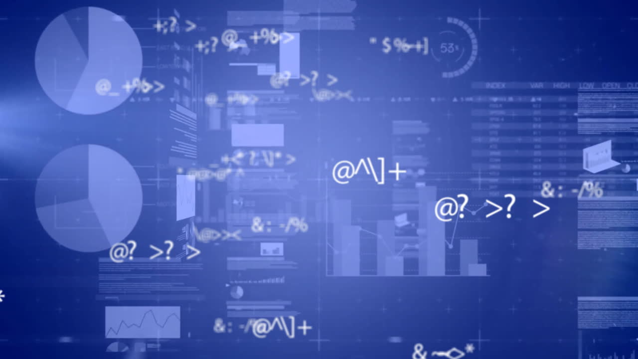 Animation of data processing over interface screens with graphs and charts on blue background