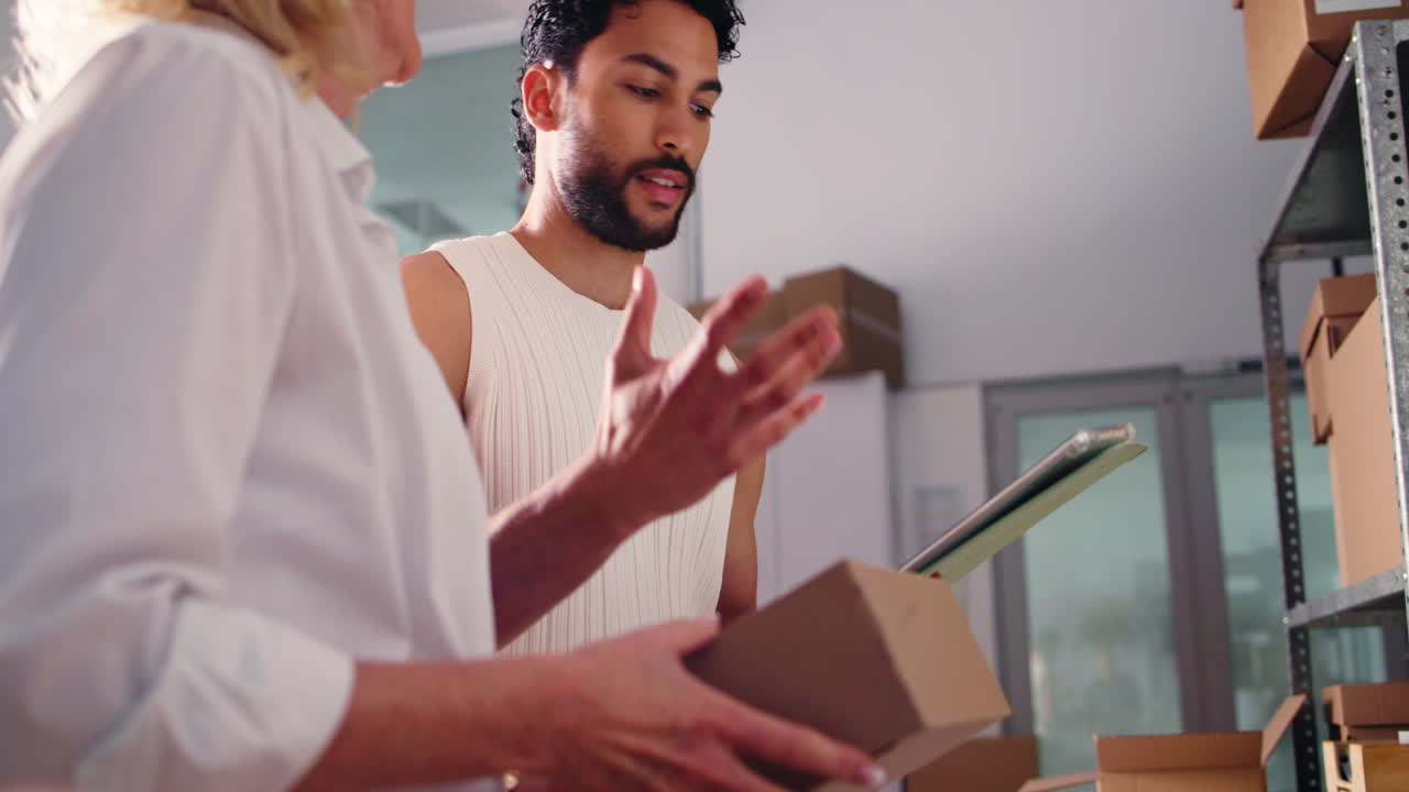 Colleagues Discussing Inventory and Orders in a Warehouse