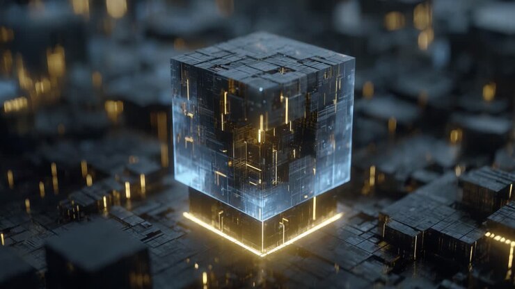 A Futuristic Glowing Cube Surrounded by a Complex Digital Landscape, Emitting Radiant Light and Showcasing Intricate Patterns for a Visually Stunning Sci-Fi Concept