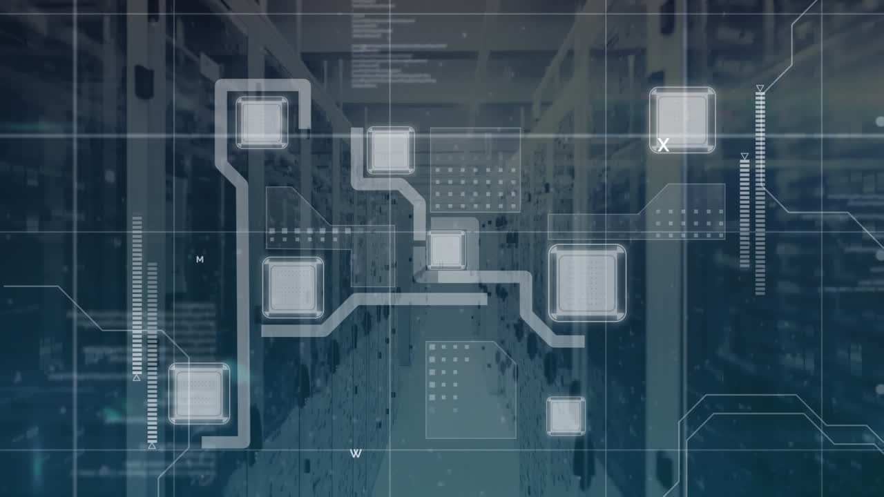 animación de las conexiones y el procesamiento de datos a través de la sala técnica con servidores informáticos