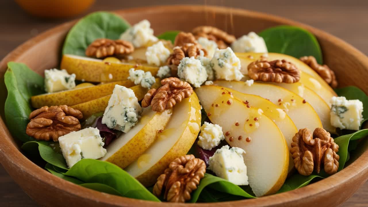 ensalada de pera y queso azul con nueces