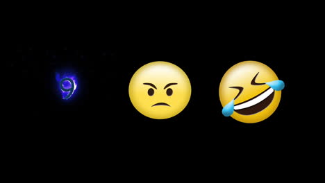 digital animation of laughing, angry face emoji and number nine on fire icon on black background
