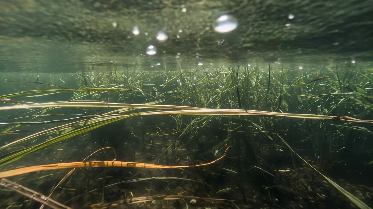 Lame di posidonia ondeggianti che reagiscono alle increspature superficiali in una prateria di posidonia poco profonda, con bolle che salgono