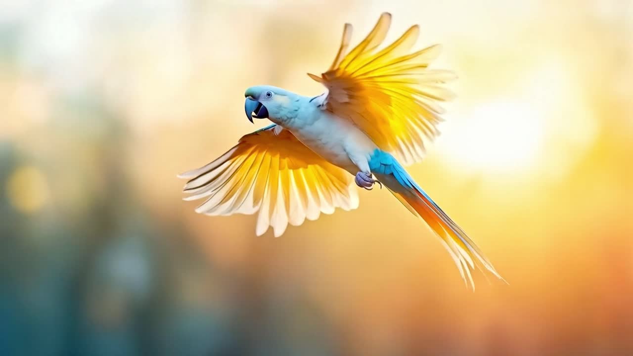 A vibrant parrot in mid-flight with outstretched wings
