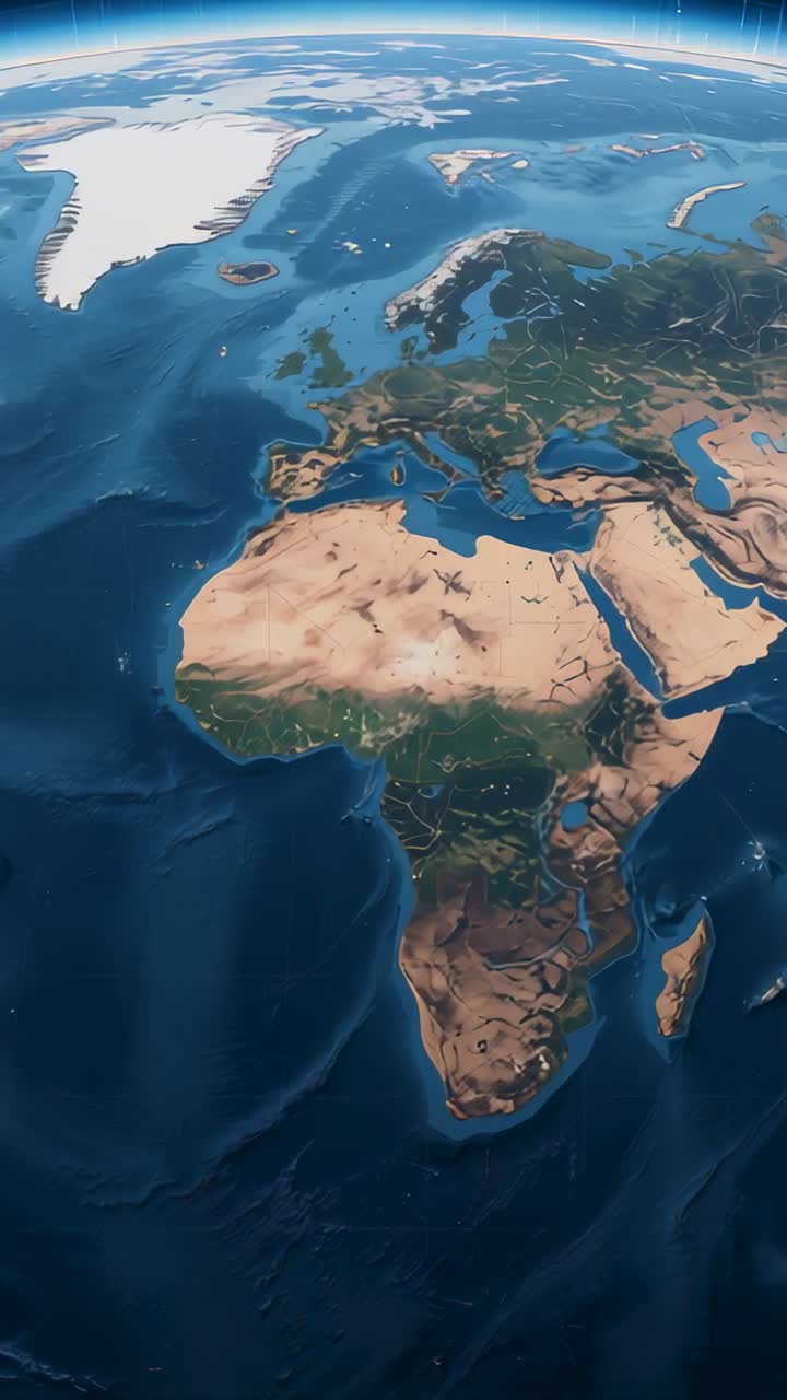 Video verticale: rendering in 3D rotante del globo terrestre con vista orbitale, che rivela il Sahara e la Groenlandia