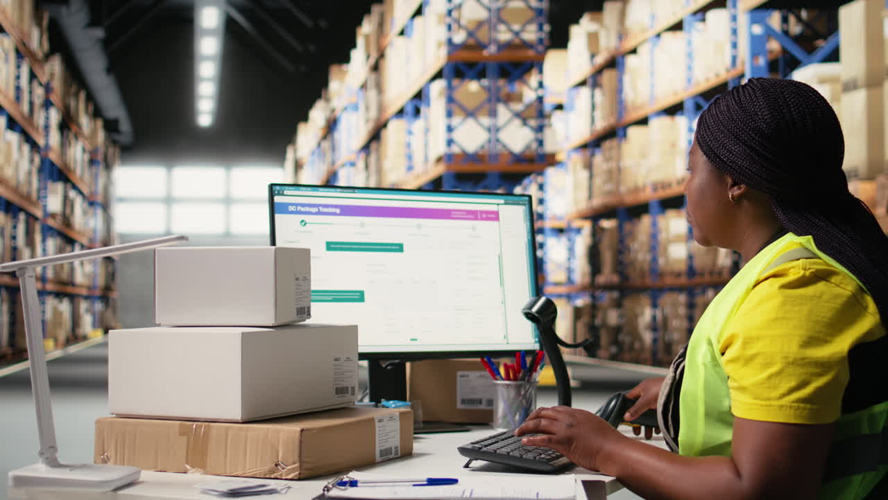 Vertical Video Employee scanning awb tags after packaging operations in a distribution center