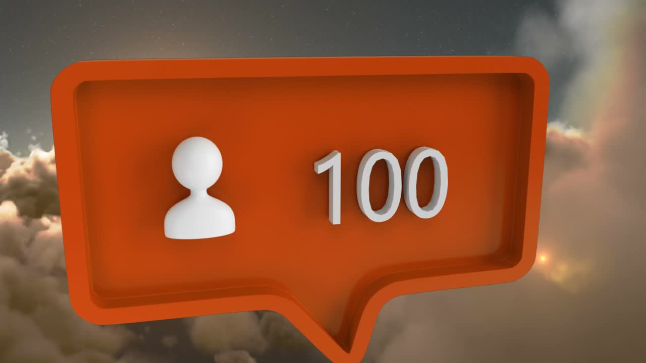 анимация значка людей с цифрами на речевом пузырьке над небом и облаками