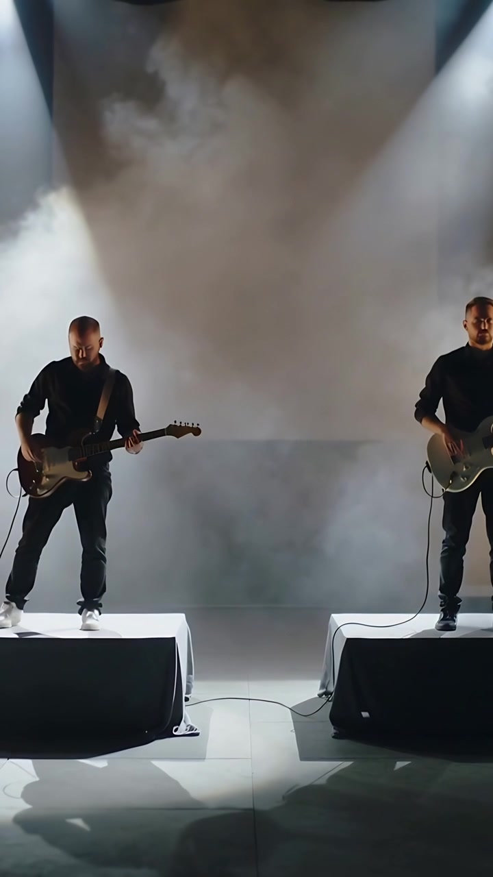 Dikey video: Minimalist bir sahnede, koyu renk giysiler giymiş iki gitarist sis yükselirken gitar çalıyor.