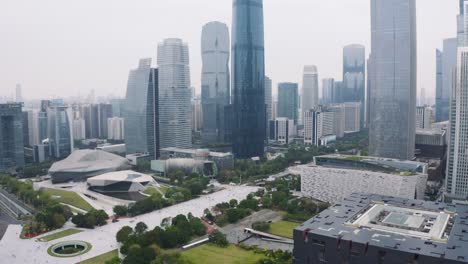 views of a large avenue with parks and huge skyscrapers in the chinese city of guangzhou, guangdong province