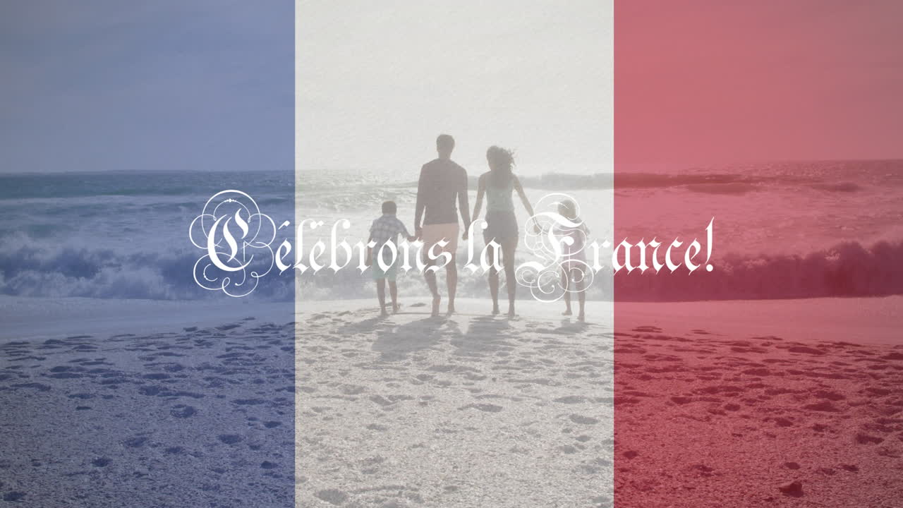 celebrons la france의 애니메이션 문자 및 해변에 있는 가족 위에 있는 프랑스 발