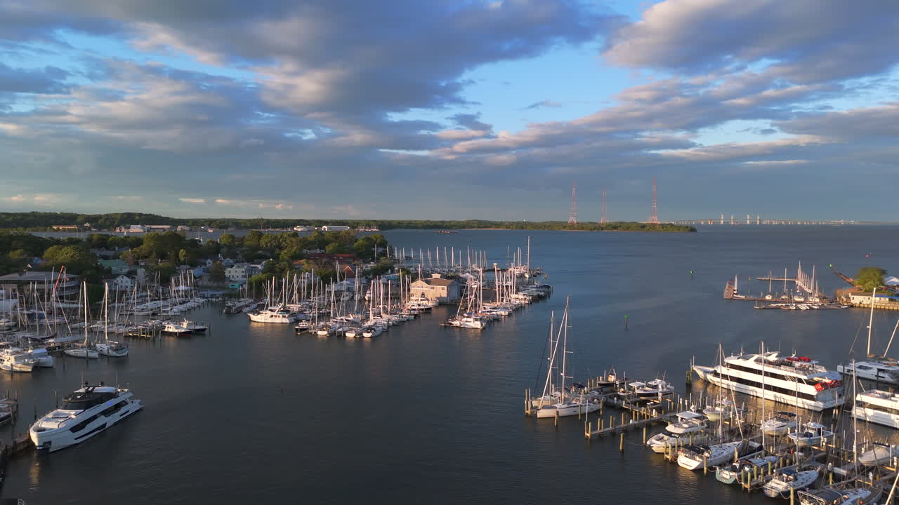 Yachts And Sailboats Moored In The Marina At Annapolis Harbor In Maryland, USA. - aerial shot
