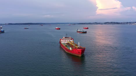 Tanker-Ships-Near-Port-Of-Balikpapan-In-Kalimantan,-Indonesia---Aerial-Shot