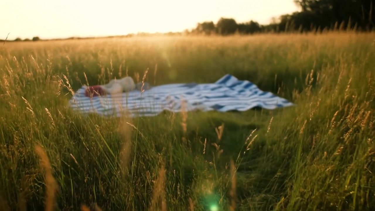 Low-angle view of blue and white striped picnic blanket resting on grass in midground of tall meadow at golden hour, with warm backlight, soft flare, gentle bokeh, and tranquil outdoor mood
