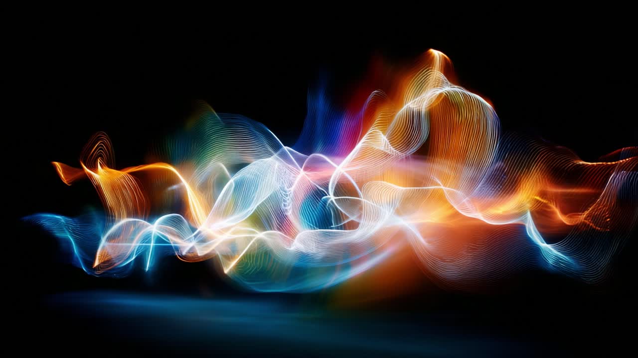 Vórtice fascinante de ondas coloridas: uma exibição envolvente de movimento fluido e luz radiante em um ambiente escuro, que demonstra a beleza do talento artístico visual dinâmico