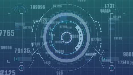 Animation-of-multiple-changing-numbers-falling-over-round-scanner-against-blue-background