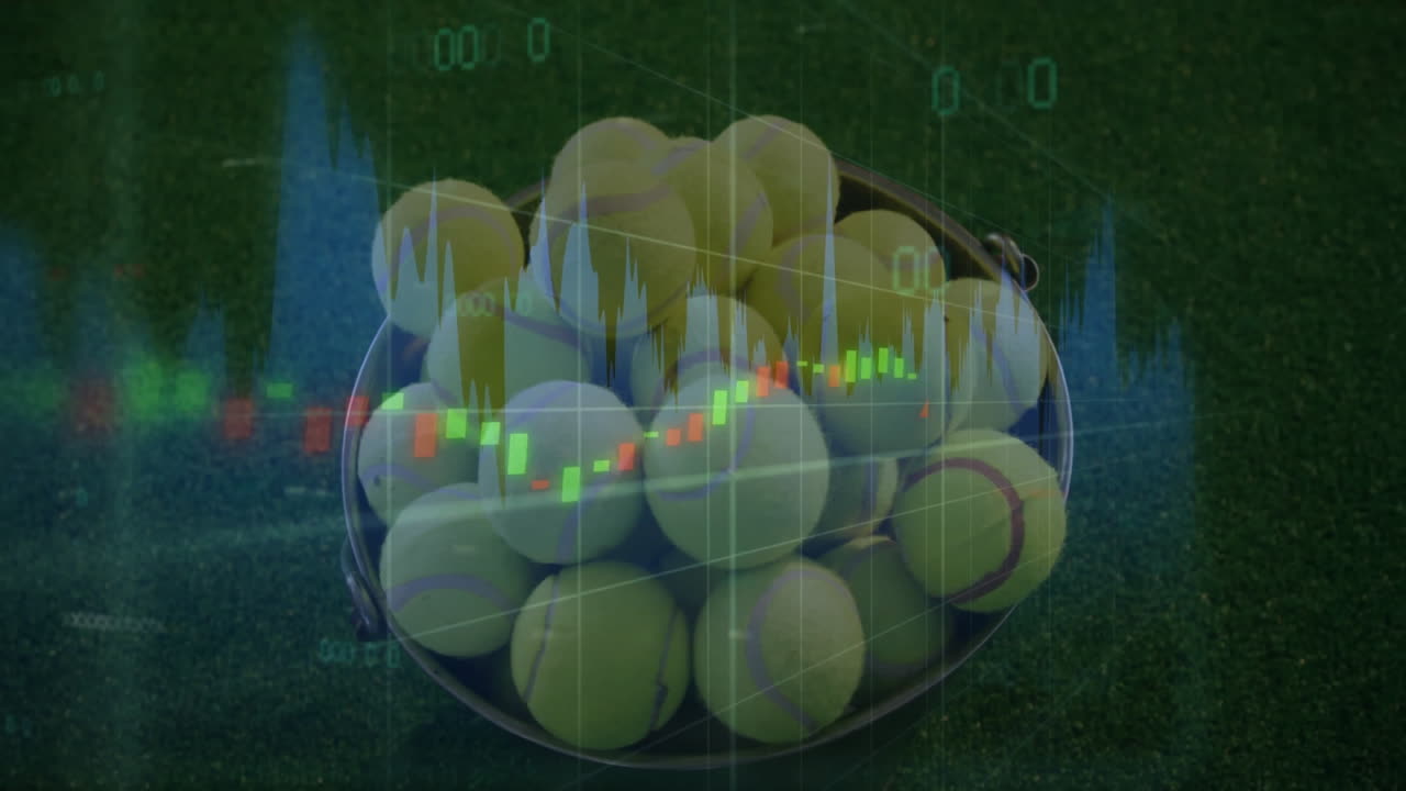 Round metal basket holding yellow tennis balls on green court featuring financial chart overlay