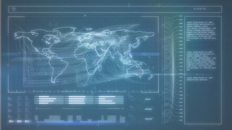 Animation of interface with data processing and world map against blue background