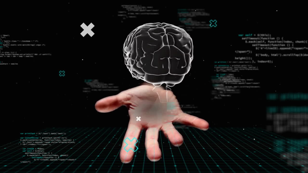 animación del cerebro humano con la mano de una mujer y procesamiento de datos sobre un fondo oscuro