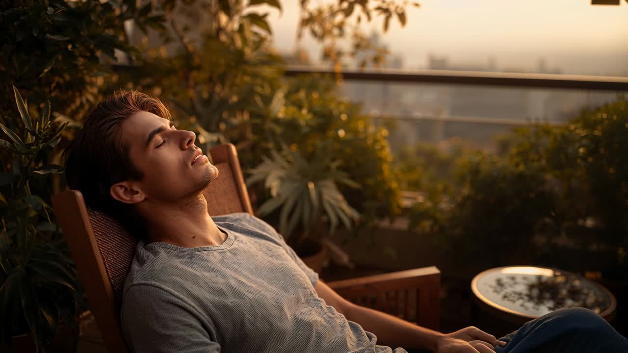 Luz del atardecer iluminando a un hombre que se acomoda en un sillón de terraza en el balcón, con rayos animados mostrando bienestar.