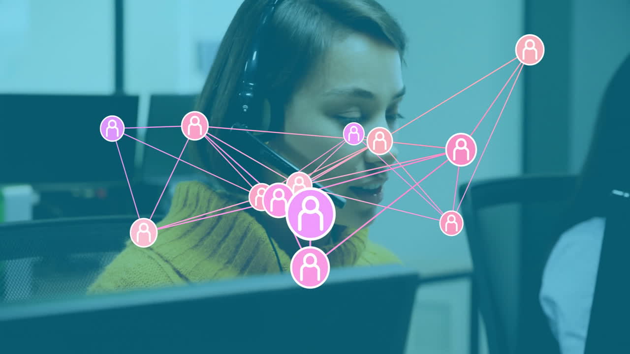 In office, customer service representative with network connections animation on screen