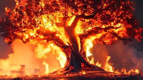 a large tree in the middle of a fire