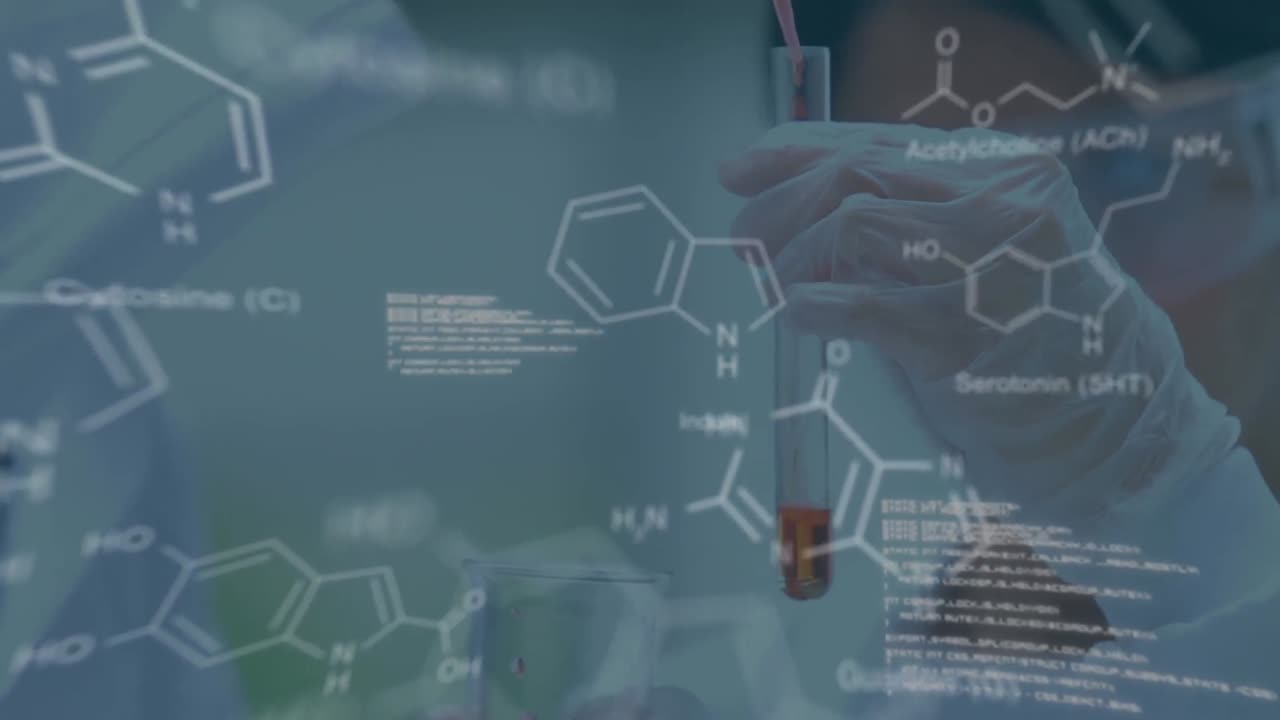 실험실에서 백인 과학자에 대한 분자 애니메이션과 데이터 처리