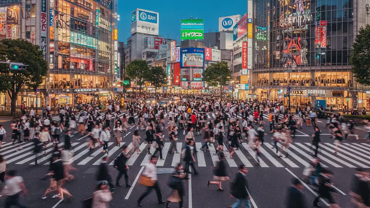 A Bustling Urban Intersection at Dusk Capturing the Vibrant Atmosphere of a Busy City with Pedestrians Crossing Mid-Frame Amidst Neon Lights and Skyscrapers