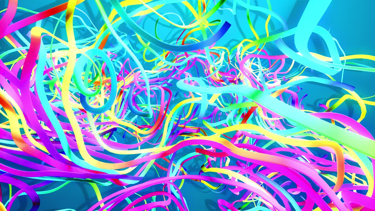 4k abstracto bg con líneas multicolores crecientes como cintas brillantes que forman ruido de rizos. diseño de movimiento 3d creativo colorido bg. luma mate como canal alfa. material de brillo subterráneo. líneas curvas, oropel